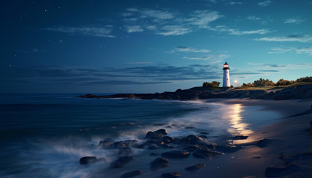A majestic lighthouse standing tall on a rugged shoreline under the starry night skyの素材