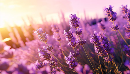 A beautiful lavender field bathed in sunlightの素材