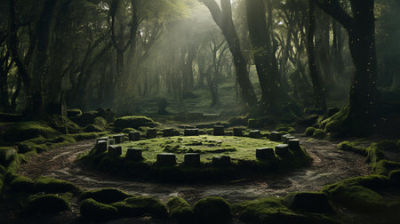 A lush green forest floor covered in vibrant mossの素材