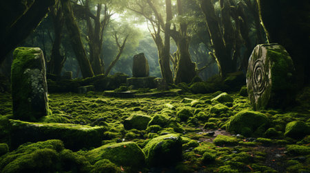A peaceful forest scene with moss-covered rocks and treesの素材