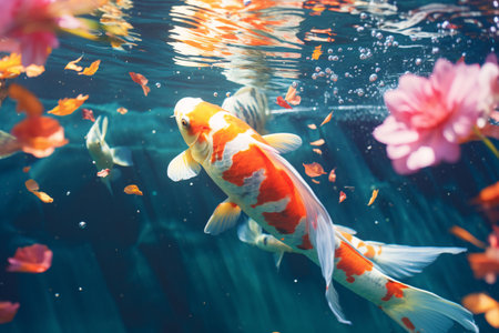A school of fish swimming in clear blue watersの素材