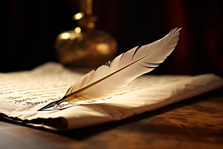 A feather quill on a paper surfaceの素材