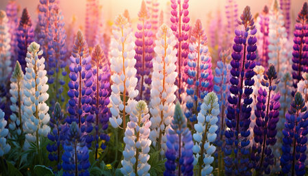 A vibrant field of purple and white flowers with the sun shining in the backgroundの素材