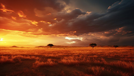a field with trees and a cloudy skyの素材