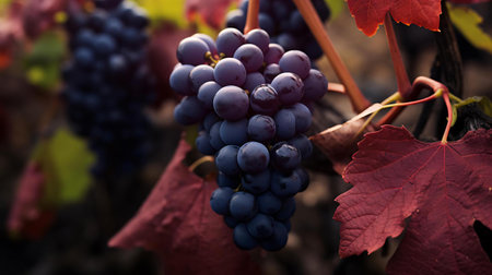a bunch of blue grapes on a vineの素材