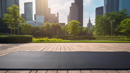 a park with trees and buildings in the backgroundの素材