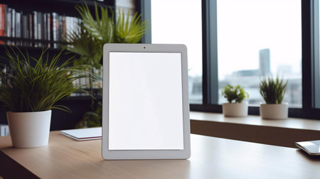 a white tablet on a tableの素材