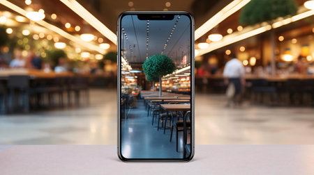 a restaurant with a large glass windowの素材