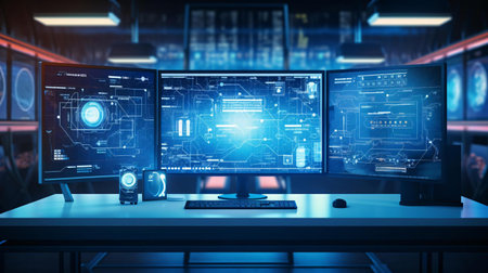 a group of screens on a tableの素材