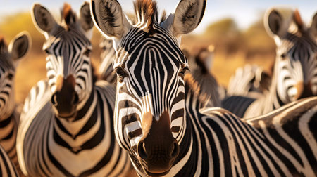 a group of zebras stand in a fieldの素材