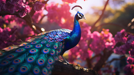a peacock standing on a branchの素材