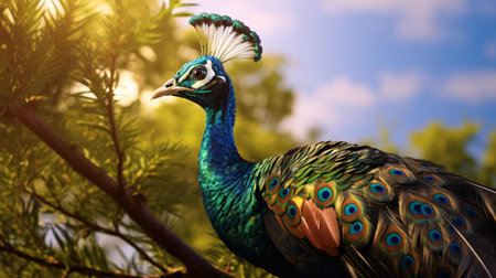 a peacock standing next to a treeの素材