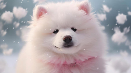 a white dog with a pink collarの素材