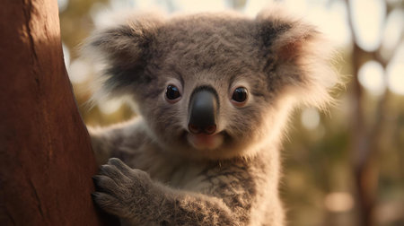 a koala bear holding onto a treeの素材