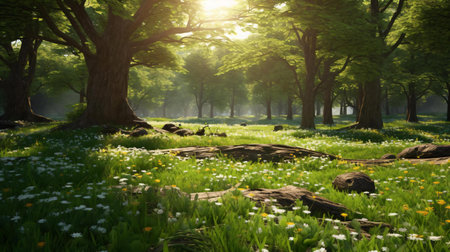a grassy area with trees and flowersの素材