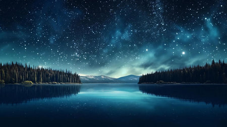 a lake with trees and a starry sky aboveの素材