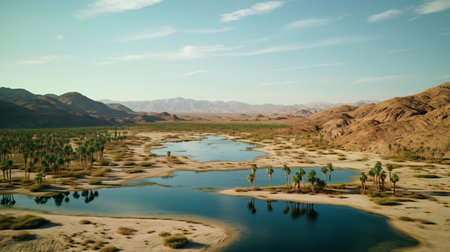 a body of water with trees and mountains in the backgroundの素材