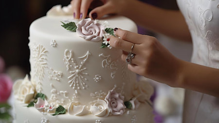 a bride and groom cutting a wedding cakeの素材