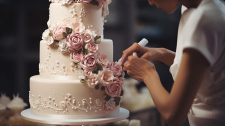 a bride and groom cutting a wedding cakeの素材