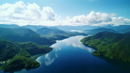a body of water surrounded by treesの素材
