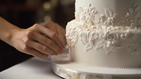 a person putting a wedding cake on a tableの素材