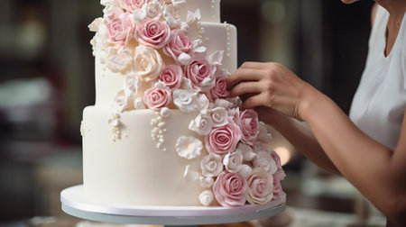 a bride and groom cutting a wedding cakeの素材
