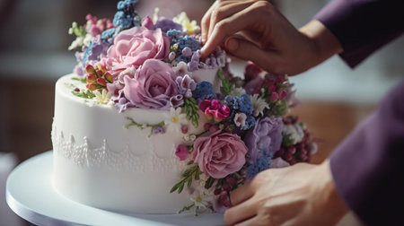 a bride and groom cutting a wedding cakeの素材