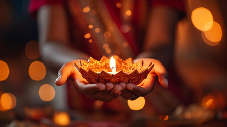 hands holding a lit candleの素材