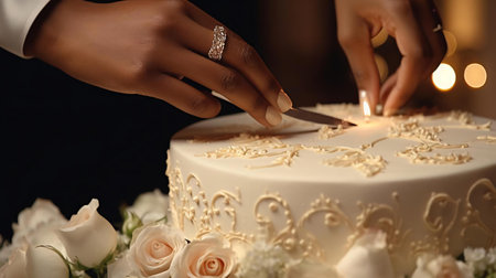 a couple of people cutting a cakeの素材