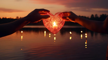 a hand holding a lit candle in front of a body of waterの素材