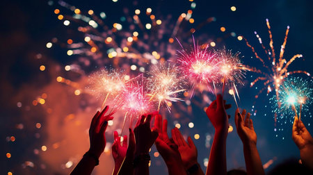 hands with fireworks in the backgroundの素材