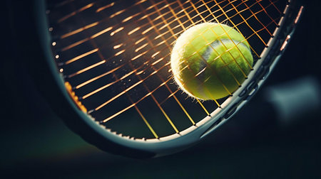 a tennis ball on a racketの素材