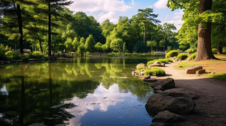 a pond with rocks and trees around itの素材