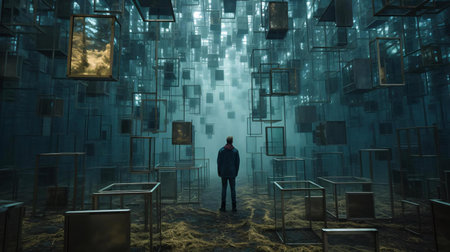a person standing in a room with tables and chairsの素材