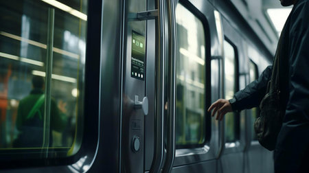 a person getting on a subway trainの素材