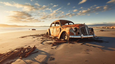 an old rusted car on a beachの素材