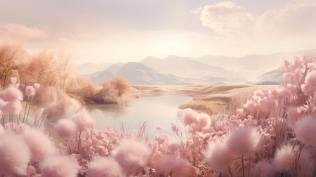 a field of flowers with mountains in the backgroundの素材