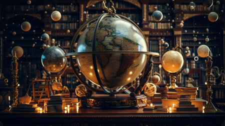 Photography of a historic library with an antique globeの素材