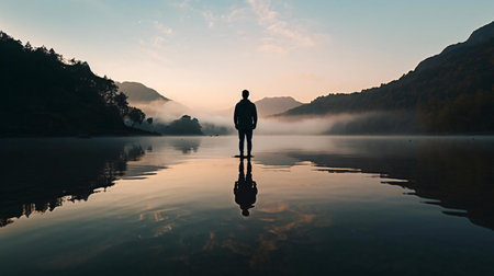 a man standing in a body of water with hills in the backgroundの素材