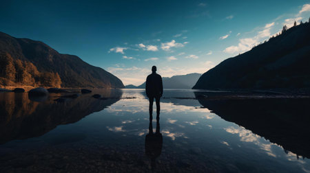 a person standing in a body of water with mountains in the backgroundの素材