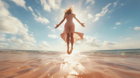 a man jumping on a beachの素材
