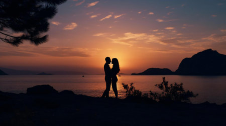 a man and woman kissing on a beach at sunsetの素材