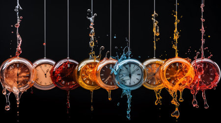 a group of clocks are from a stringの素材
