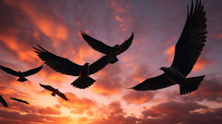 a group of birds flying in the skyの素材
