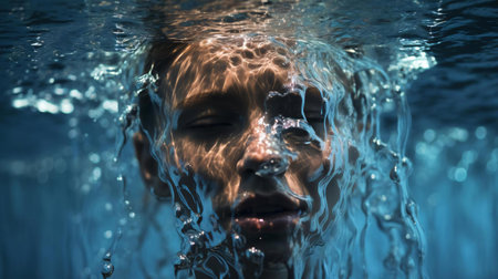 a person with water splashing on the faceの素材