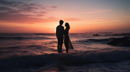 a couple of people standing in the ocean at sunsetの素材