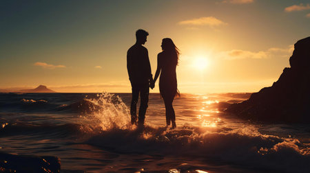 a man and woman standing in the water with the sun setting behind themの素材