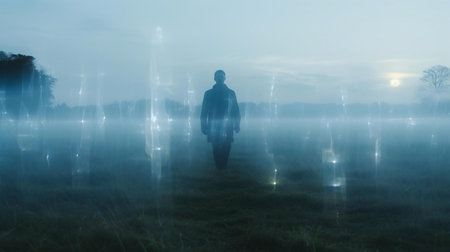 a person riding a motorcycle in a foggy fieldの素材