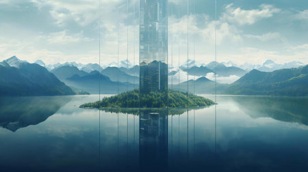 a large island with a building on it surrounded by waterの素材