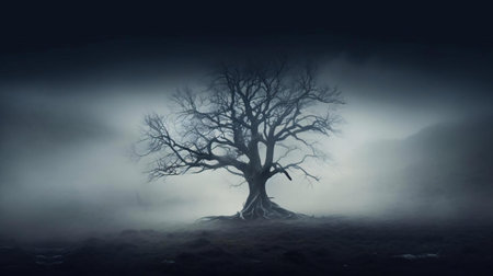a tree in a foggy fieldの素材